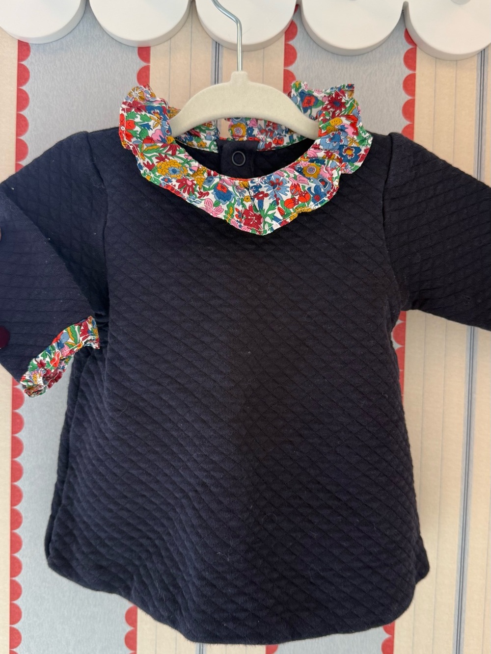 Jacadi x Liberty London Navy Quilted Baby Top with Floral Ruffle Collar